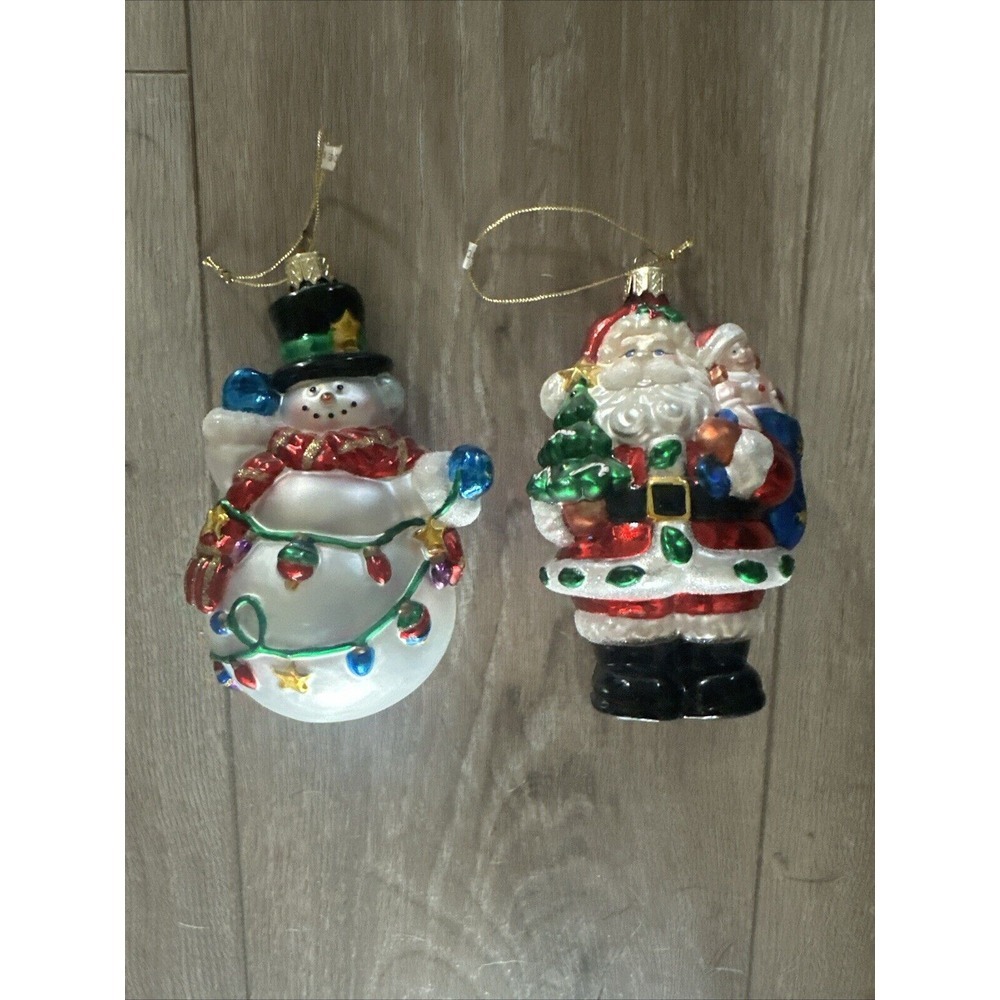 Santa Claus With A Bag Of Toys & Snowman Blown Glass Christmas Tree Ornament 5"
